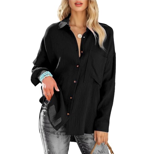 TANTOMI Bluse Damen Langarm,Damenblusen Elegant V-Ausschnitt Hemd Longbluse,Business Oberteile mit Knöpfen Tops Langarmshirt