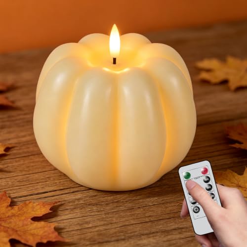 Image of Wondise Fall Decorations Real Wax Pumpkin Candles with Remote Timer | Off-white Battery Operated LED Candles Fall Decor for Thanksgiving Gifts, Autumn Farmhouse Harvest Decor for Home Decoration