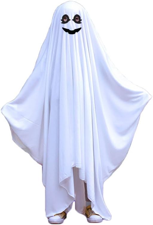 Halloween Costume for Kids Unisex White Ghost Costume Boys Girls Funny Face Cloak Full Body Face Mask with Grimace Pattern Spirit Ghost Cosplay Garment For Dress Up Stage Performance Clothing