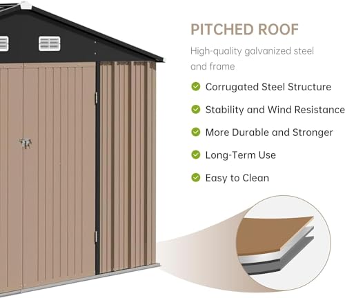 Zstar 10 x 8 FT Outdoor Storage Shed, Metal Steel Shed Storage House with Updated Frame Structure & Lockable Door, Waterproof Garden Steel for Backyard, Garden, Lawn, Patio, Brown