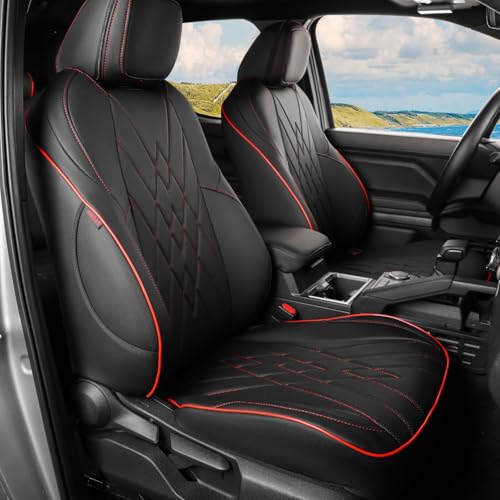 Image of EKR Custom Fit Tacoma Front Car Seat Covers for Toyota Tacoma (Petrol & Hybrid) 2024 2025 2026 Double cab SR /SR5 /TRD Sport /TRD Off-Road /Limited - Front Row Only,Faux Leather(Black with Red Trim)