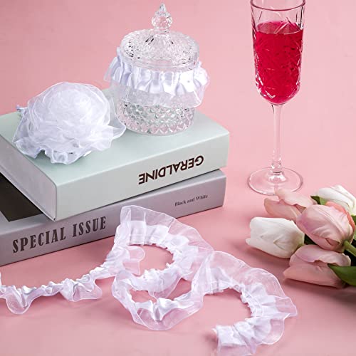 PAGOW 10 Yards Two Tone Satin Organza Lace Trim, 4cm Vintage Pleated Organza Lace Ribbons, for Applique, Sewing, Wedding Embellishment, DIY Decor - White