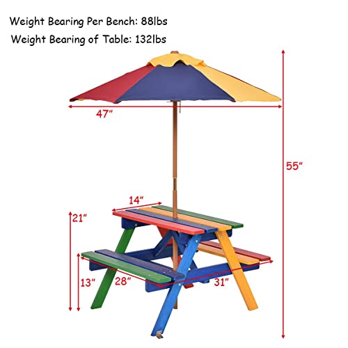 Kotek Kids Picnic Table With Umbrella Foldable & Removable, Outdoor Fir Wood Table And Benches For Eating & Playing, Toddler Activity Table For Backyard, Patio & Garden, Gift For Ages 3-8 (Rainbow) #TOP5