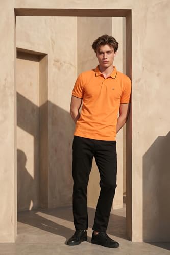 Image of Peter England Men's Snug Fit Solid Polo T-Shirt with Coloured Collar Tipping| Cotton Rich| Premium Pique Weave
