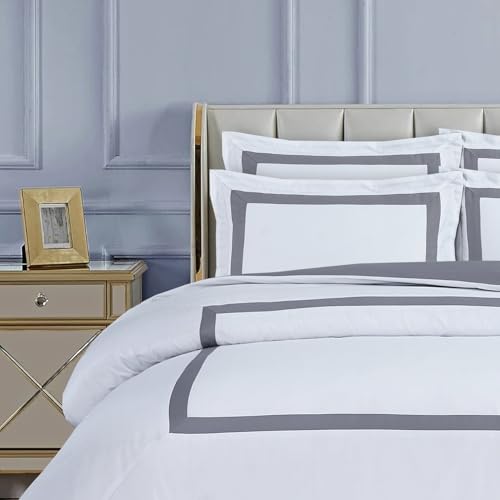 Majestic Giftware Madison Linen 8-Piece Full Size Duvet Bedding Set (BL4-F-8) | Province Hotel Collection-White-Gray Tape 400 TC Cotton Sateen | 2 Fitted Sheets, 2 Duvets, 4 Pillowcases