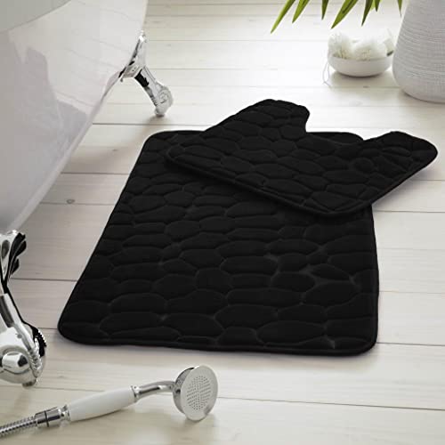 Lot de 2 tapis de bain en mousse à mémoire de forme pour salle de bain - Antidérapants - Super doux - Extra absorbants - Lavables - Tapis de bain et de toilette (noir) Cover