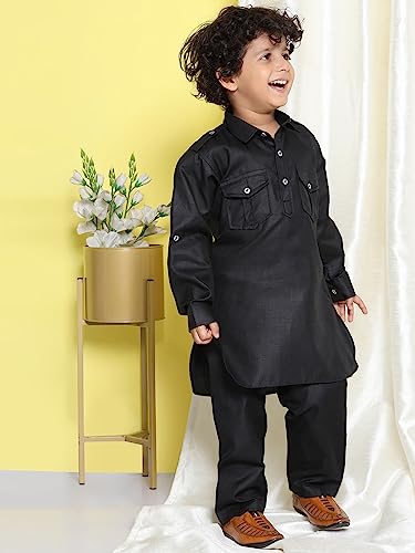 Image of AJ DEZINES Kids Cotton Full Sleeve Solid Black Pathani Suit Set for Boys - Ethnic Wear | Traditional | Festival Wear for boys - Regular Fit
