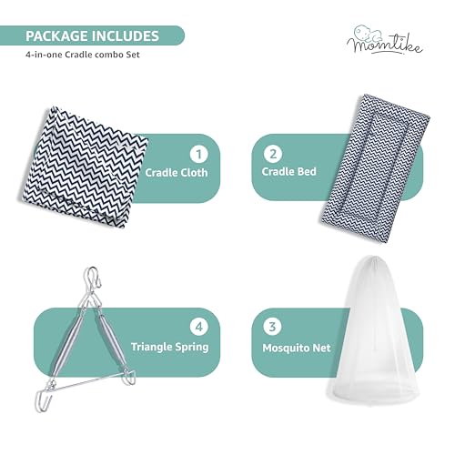Image of Baby Cradle̞ | Cotton Cloth, Hanger Spring, Mosquito Net & Pad with Insert Pocket, Jhoola, Thottil | PRM-Navy Stripe