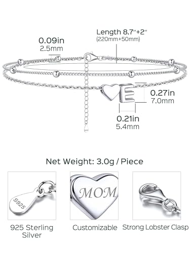 Image of ChicSilver Sterling Silver Anklets for Women Hypoallergenic Womens Ankle Bracelets for Women Layered Heart Anklet With Initials Womens Anklets Jewelry for Mom Wife
