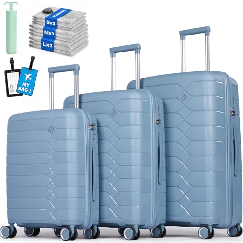 Tavoxda 3 Piece Luggage Sets PP Hardshell Lightweight Suitcase Sets with 4 Durable Spinner Wheels Travel Trolley Suitcase with TSA Lock Hold Luggage-20’’+24’’+28’’, Blue