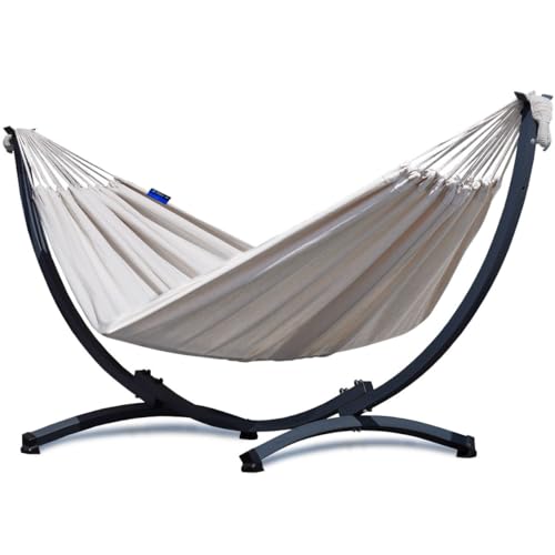 Potenza Hängematte mit Gestell I Stabiler Rahmen 200kg - 250cm Balkon I Hängematte 200x120cm I Indoor Outdoor Garten Pool Terrasse Stahl (Basic Gestell Graphit, Ecru)