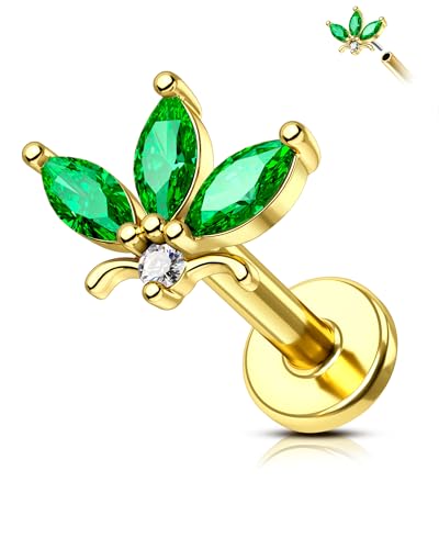COCHARM 16G Threadless Flower Helix Tragus Piercing Jewelry Gold, Emerald Green Gem Helix Tragus Earring Stud, 6mm Flatback Helix Jewelry Surgical Steel Gold Push Pin Cartilage Stud 6mm