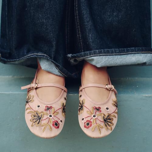 Image of MRKEWUNEY Mesh Ballet Flats for Women Embroidered Floral Round Toe Mary Jane