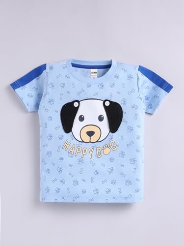 Image of LITTLE NINJA Pure Cotton Knee Length Half Sleeve Cute Puppy Printed Tee & Shorts Set - Sky Blue 0-6M
