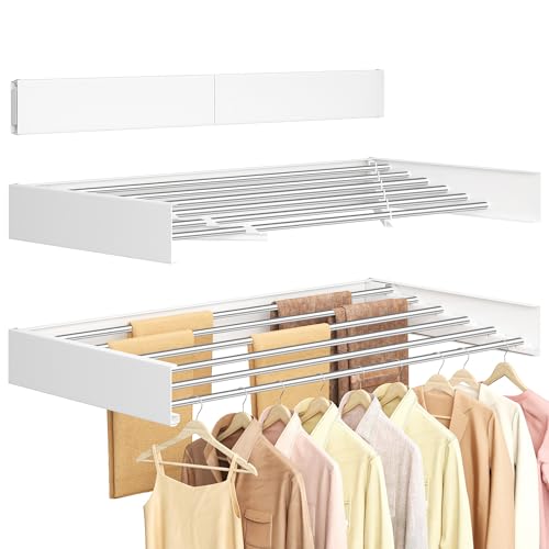 SONGMICS Étendoir à Linge Mural Rabattable, Longueur 100 cm, 6 Barres en Alliage d'Aluminium, Séchoir Pliable, Gabarit de Perçage, Gain de Place, Intérieur, Extérieur, Buanderie, Blanc Mat LLR810WE01