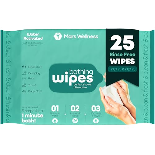 No Rinse Washing/Bathing Wipes - Just Add Water - Shower Cleansing Sponge/Wipes - Original Latherz - Soap Infused Dry Shower - Pack of 25 Cloths - By Latherz