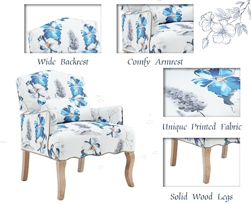 Shunzhi Mid Century Accent Chairs Modern Floral Armchair Upholstered Reading Chair Linen Comfy Single Sofa Chair With Pillow For Bedroom/Living Room/Fireplace, White, Blue Flower Pattern, 1Pc #TOP3