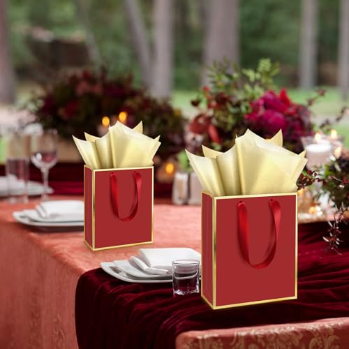 Image of Yeaqee 24 Pack Metallic Paper Gift Bags, Burgundy Red, Gold | with Satin Ribbon Handle and Tissue, 9x7x3.1 Inch, Suit Business, Birthday, Christmas, Thank You Return Gifts Bags