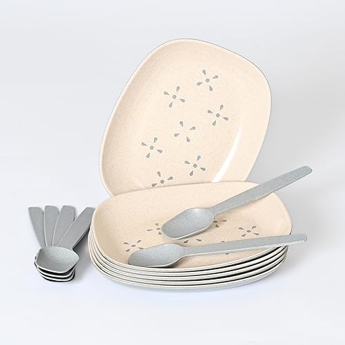 Image of Eha Earth-Friendly Small Snack Serving Plates Set of 6 with Spoons | 6 inch | Small Snack Plates Made with Bamboo Fibers & Rice Husk Fiber | Microwave Safe | Dessert Plates | Azure