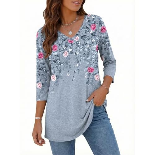 Rapbin Tunic Tops for Women Loose Fit Dressy 3/4 Sleeve V Neck T Shirts Spring Tops for Women 2026 Gray Floral X-Large