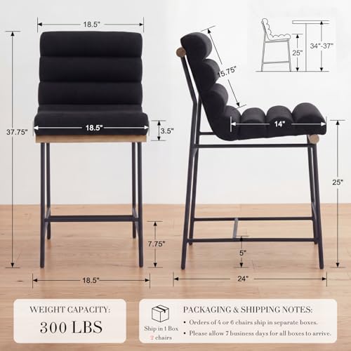 Butacos de barra, juego de 2 unidades, altura 25 pulgadas, tapizados en lino con asiento y respaldo acanalado, estilo moderno con patas metálicas, color negro miniatura 2