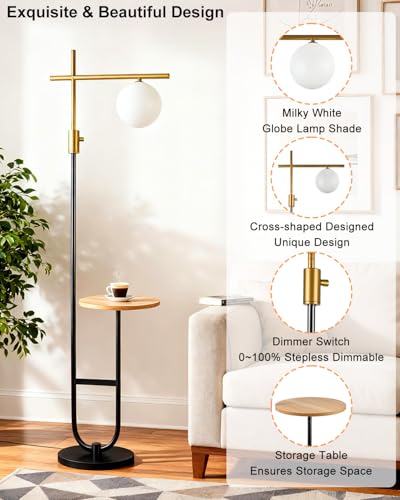Image of Lightdot 66IN Gold&Black Dimmable Floor Lamps with Table, Modern Standing Tall Lamp with Globe Shade, Cross-Shaped Head and U-Pole Base for Living Room /Bedroom /Sofa Beside /Corner Decor(Bulb Included)
