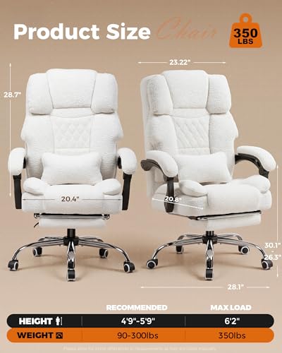 GTPLAYER Big and Tall Office Chair with Pocket Spring Cushion & Ergonomic Lumbar Support for Lower Back Pain Relief, High Back Computer Gaming Chair with Foot Rest, Comfy Teddy Fleece, White — view 2