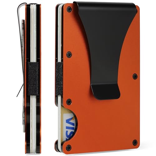 Image of Minimalist Wallet for Men, Slim Metal RFID Blocking Wallet Credit Card Holder Money Clip & Cash Strap, Scratch-Resistant Holds 15 Cards,Ideal Gift for Men | Matt Orange
