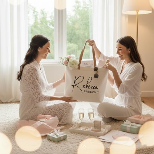 Image of ELEGANTPARK Personalized Canvas Tote Bag with Zipper, Custom Bridesmaid Gifts with Name & Role, Monogrammed Initial Bag for Women, Teacher, Nurse, Travel & Beach | Monogrammed, Customized Gift Tote