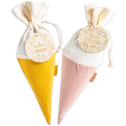 Papierdrachen 2 Schultüten aus Musselin zur Einschulung - mit tollen Holzanhängern und inklusive Namenschilder zum Ausschneiden - Gelb - Rosa - Geschwistertüte