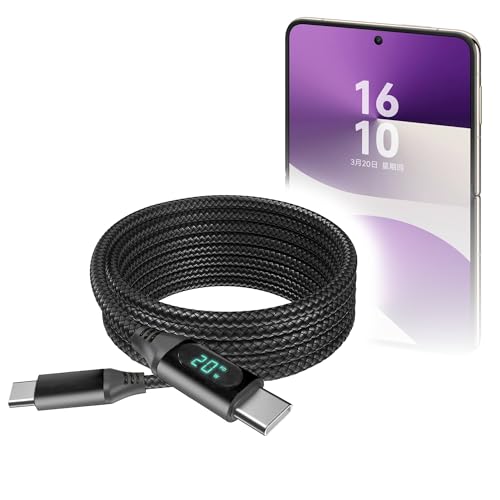BoxWave Cable Compatible with Huawei nova Flip S - PowerDisplay PD Cable (6ft) - USB-C to USB-C (100W), LED Wattage Info Extra Long Braided Nylon - Jet Black