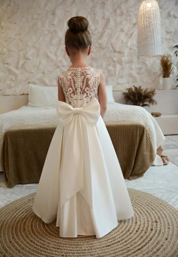 Lace Applique Flower Girl Dress for Wedding Bow Knot Satin Crew Neck Ball Gowns Sleeveless First Communion Long Dress4