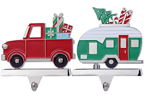 Truck Christmas Stocking Holder For Mantel Set Of 2-Stocking Hook For Fireplace Christmas Decoration-Metal Red Truck Trailer Stocking Hangers For Fireplace Xmas Decoration Supplies (Truck-Trailer) #TOP13
