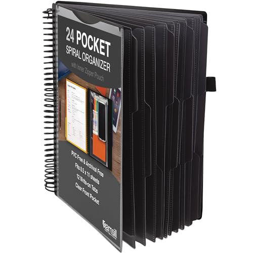 Image of Samsill Spiral Folder Organizer - 12 Dividers & 24 Pockets with Notepad Holder, Multi Pocket Color Cordinated Folder Binder with Customizable Tabs, Document Organizer (Grey)