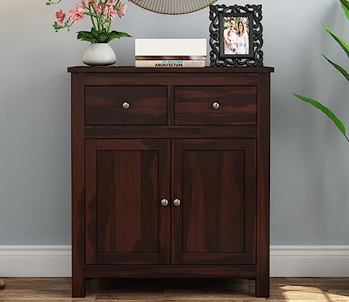 Image of Solid Sheesham Wood Wooden Sideboard Storage Cabinet : Ideal for Living Room and Bedroom with 2 Drawers and 2-Shelf Storage (Clovis, Walnut Finish)