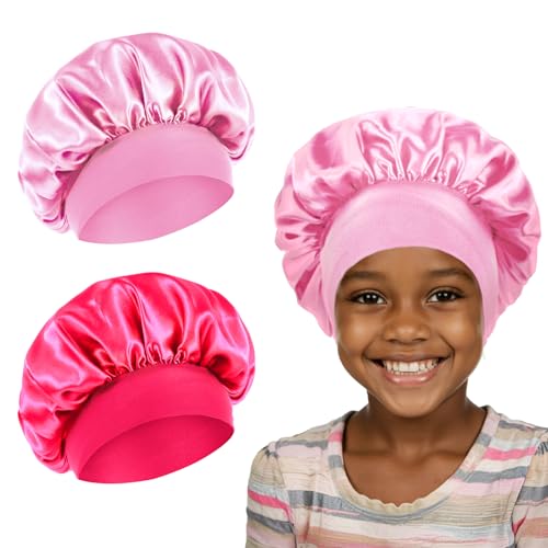 Ajcotahm - Ajcotahm 2 PCS Bonnet for Kids Baby Silk Satin Bonnets Sleeping Cap Bonnet for Girls Curly Hair Wrap Elastic Wide Band Bonnets Sleep Cap for Child Toddler
