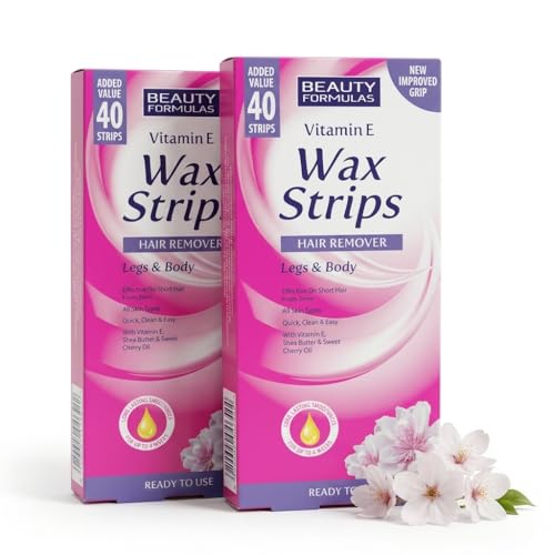 Beauty Formulas Vitamin E Wax Strips for Legs and Body, 80 Cold Wax Hair Removal Strips for Women, Ready to Use Nourishing Leg Wax Strips with Shea Butter for Sensitive Skin, 2 Pack of 40