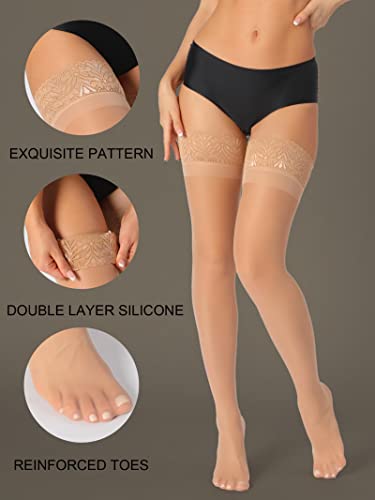 Image of HONENNA 2 Pairs Sheer Thigh High Stockings, 17+ Colors Stay Up Lace Top with Anti-Slip Silicone for Women