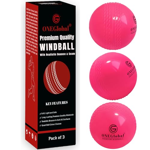 ONEGlobal Premium Windball Soft Cricket Ball | Durable Embossed Seam True Bounce & Swing | Wind Ball Cricket Balls for Outdoor & Indoor Practice Coaching Garden & Beach Games (3 Pink)