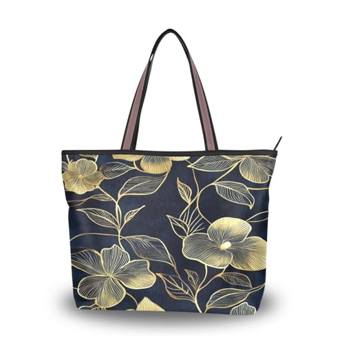 Ewusp Bolso de mano con diseño de flores doradas para mujer, bolso de mano de lona con cremallera, bolso de hombro casual para viajes, compras, trabajo, a, 17.72' L x 13.0' H x 5.2' W