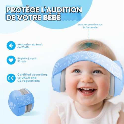 YANKUIRUI Cache-oreilles pour bébés et tout-petits jusqu'à 36 mois – Certifié CE et UKCA – Casque anti-bruit – Casque confortable pour bébé contre les dommages auditifs et améliore le sommeil, bleu – vue 2