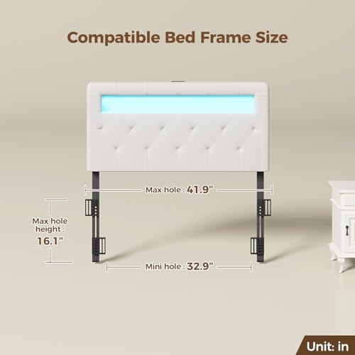 GREENSTELL Headboard for Twin Size Bed with 60,000 DIY Color of LED Light, USB & Type C Post, Upholstered, Height Adjustable, Sturdy, Easy Assembly, Wall Mounted Head Boards Only, White by GREENSTELL - Image 4
