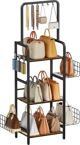 Tuohours 3-Tier Tall Purse Organizer Rack Stand, Floor-Standing Bag Storage Holder with Adjustable Side Basket and Hook Handbag Organizers Display Stand Shelf for Closet, Bedroom, Entryway, Black