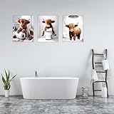 Qiukoo Highland Cow Bathroom Wall Art Set of 3 – Framed Canvas Pictures with Hooks, Funny Animal Artwork for Bathroom Decor, Wall Art for Bedroom or Toilet, 12x16 Inch Each - Image 4