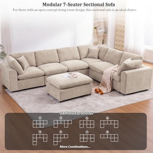 VEPXXP Oversized Modular Sectional Sofa Couch, Large 7 Seater Corner Sofa Modern U Shaped Sectional Couch with Ottoman Cloud Couches for Living Room, Office, Spacious Space