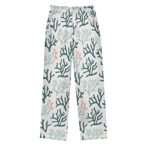 Pajama Pants Lounge Sleep PJ Bottoms Sleepwear Elastic Waist Drawstring M Green Coral White2