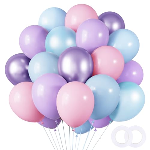 Image of RUBFAC Pink Purple Blue Balloons, Iridescent Party Balloons, 12 Inch Pastel Birthday Balloon for Girls Snowflake Princess Birthday Baby Shower Party Decoration