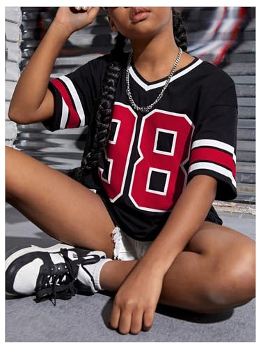 Verdusa Girl's Letter Print Loose T Shirt V Neck Half Sleeve Tee Tops4