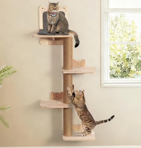 LitaiL Wandkratzbaum für Katzen bis 20KG, Vier stöckig, 110 cm hoch, Kratzbaum Wandmontage aus Echtholz, Kratzbaum Wand mit 4 Plattformen, Katzen...