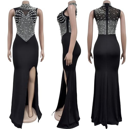 Image of Jigfar Women Sexy Elegant Rhinestone Mesh See Through Party Club Night Split Bodycon Formal Maxi Dress